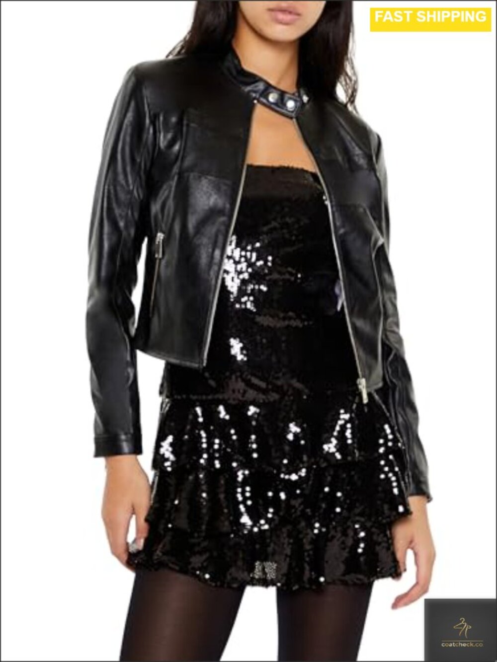 Faux Leather Moto Jacket Zip & Button Front Slanted Pockets